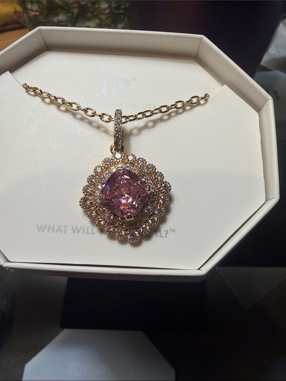 Gold-Plated Necklace with Pink Cushion-Cut Pendant - Elegant Women's Jewelry
